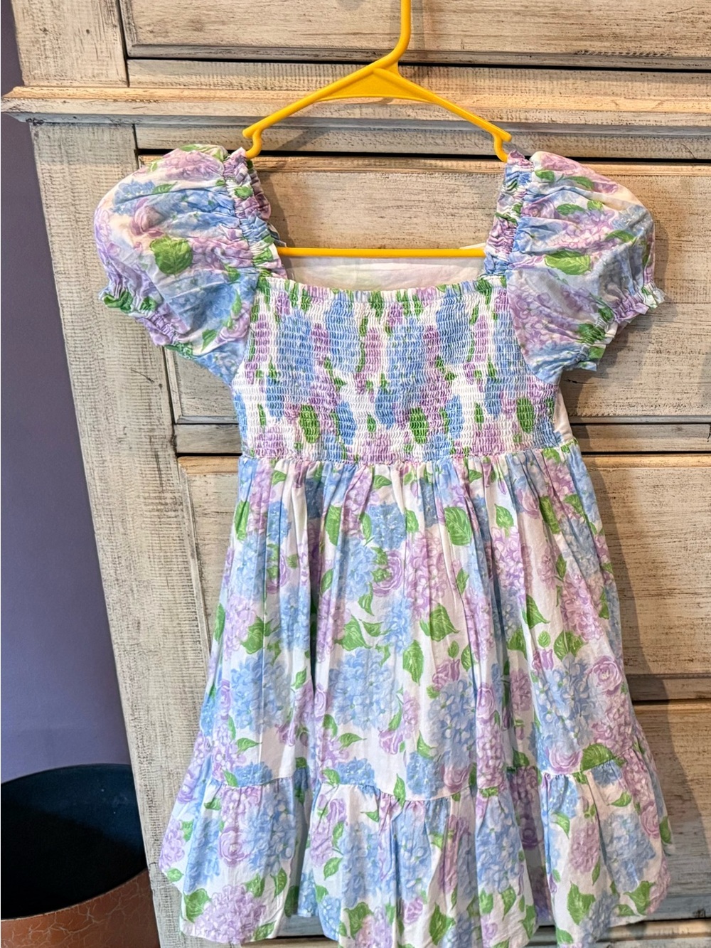 Floral Smocked Puff-Sleeve Kids Dress - Pastel Lilac & Blue